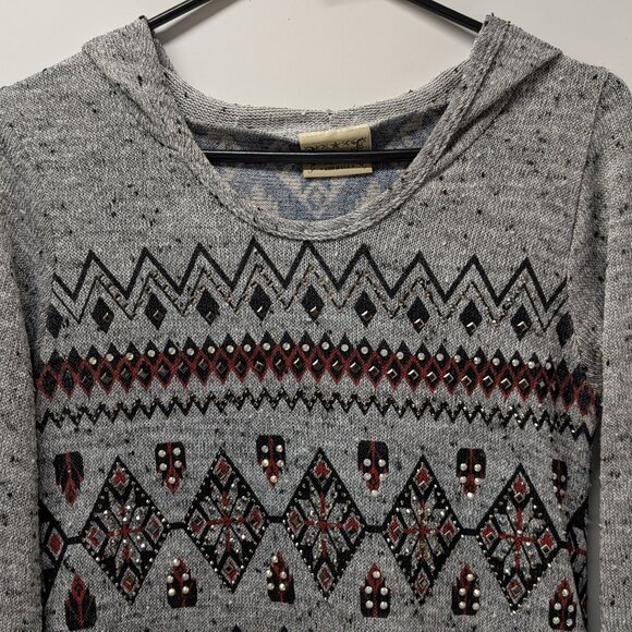 Vocal Hooded Geometric Diamond Knit Tunic w/ Kangaroo Pocket - Picture 5 of 10